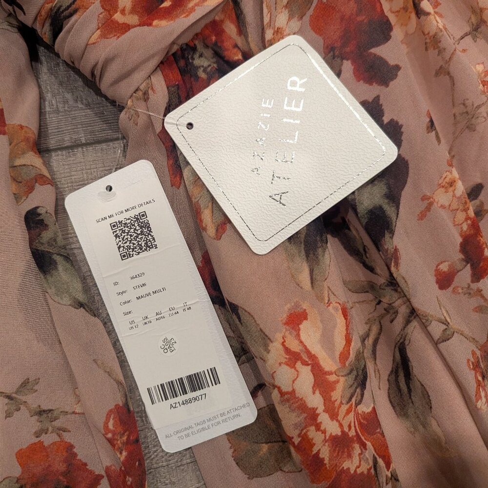 NWT Azazie Stevie Midi Dress Mauve Floral Elegant Fairycore Sheer Chiffon 12 - Picture 5 of 13